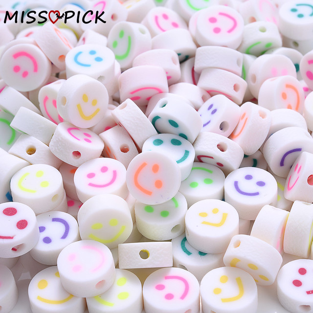 30/50/100Pcs 10mm Smiley Face Polymer Clay Beads White Loose Spacer Beads  For Making Bracelet